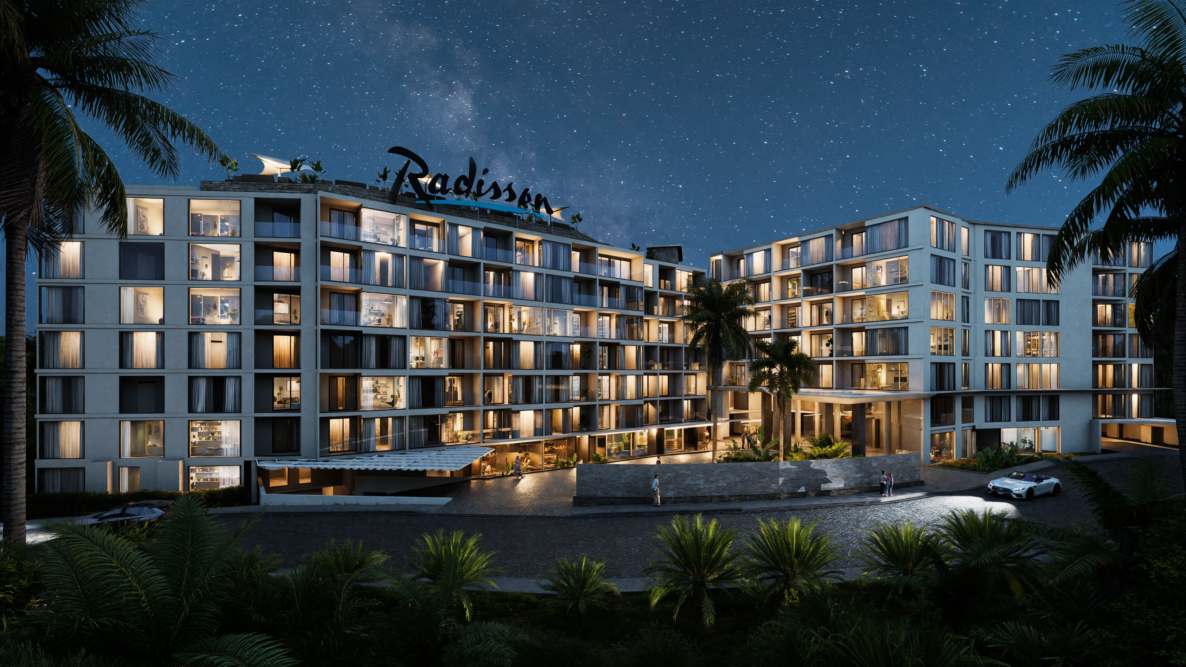 Evening rendering of the Radisson building at Next Point
